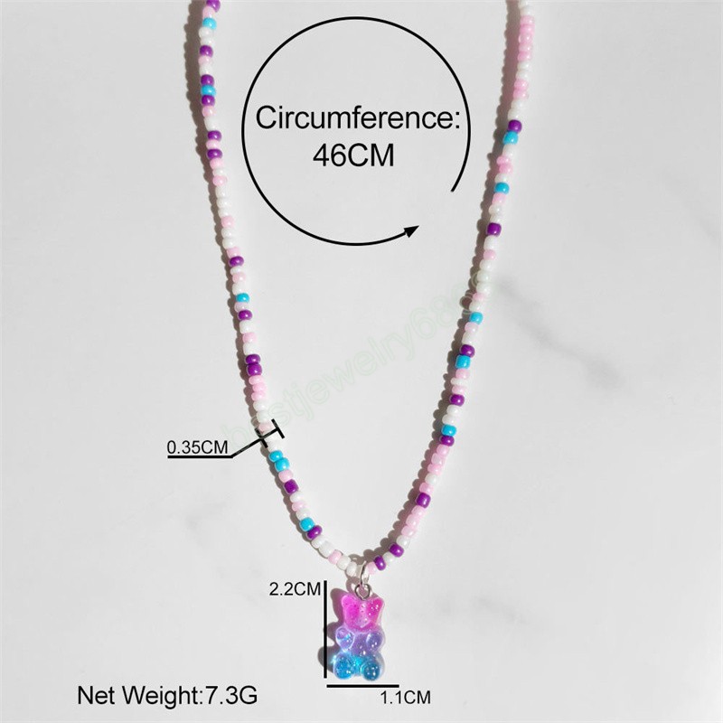 Bohemian Colorful Round Bead Necklace For Women Cute Gradient Rainbow Resin Bear Pendant Necklace Fashion Jewelry Girl Gifts