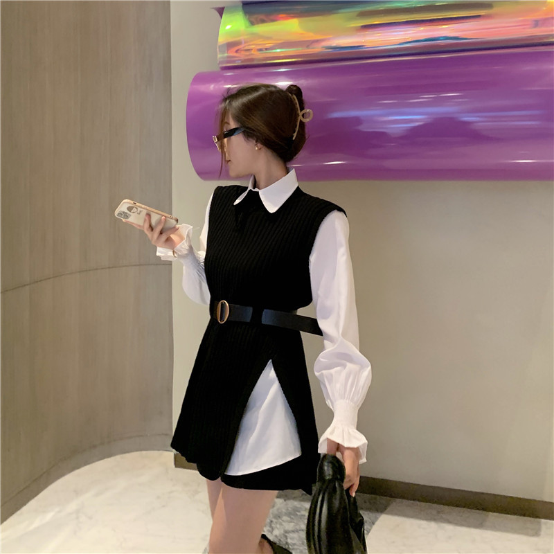 Spring Two-Piece Set Fashion Women Lantern Sleeve White Shirt Top + Casual Split knitted sweater Vest With Belted 210519