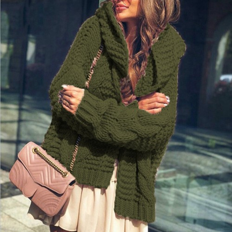 Design Women Autumn Winter Twist Zipper Hooded Sweater Coat Knitted Cardigan Jacket Oversized Long Lantern Sleeve Outwear