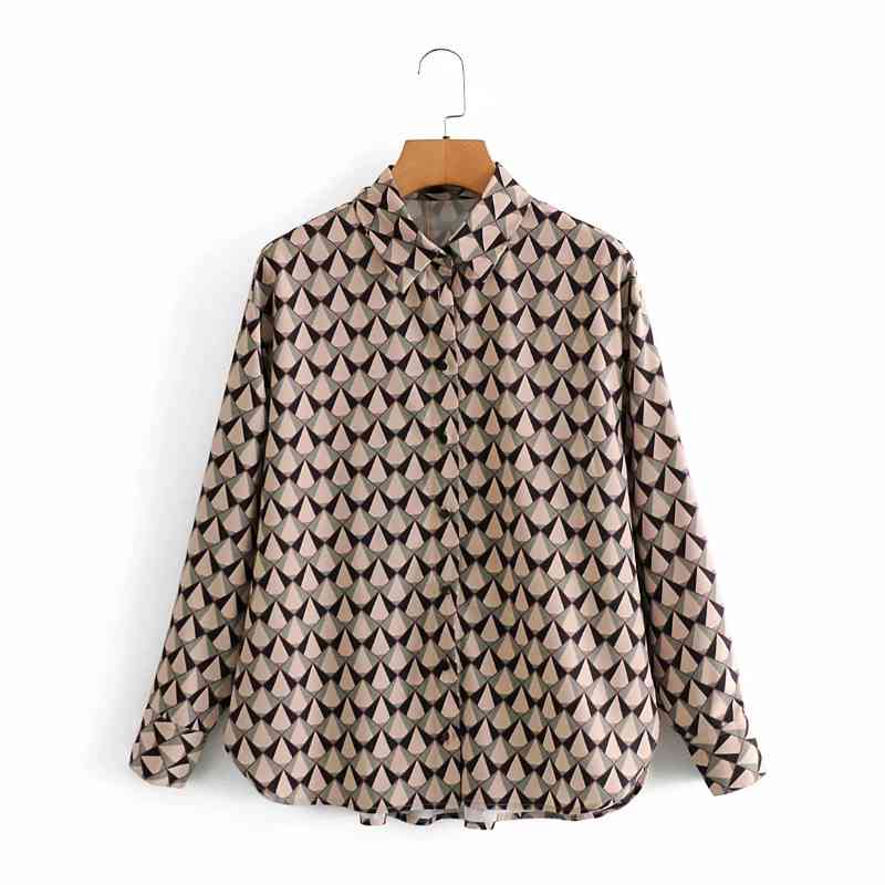 Fashion Women Geometric Printing Side Slit Shirts Female Long Sleeve Blouses Casual Lady Loose Tops Blusas S8272 210430