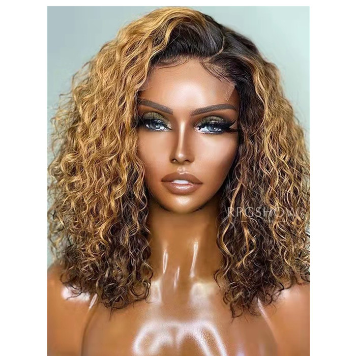 Golden blonde ombre loose curly bob lace front human hair wigs pre plucked hd undetectable wig for sale 150% gorgeous natural scalp