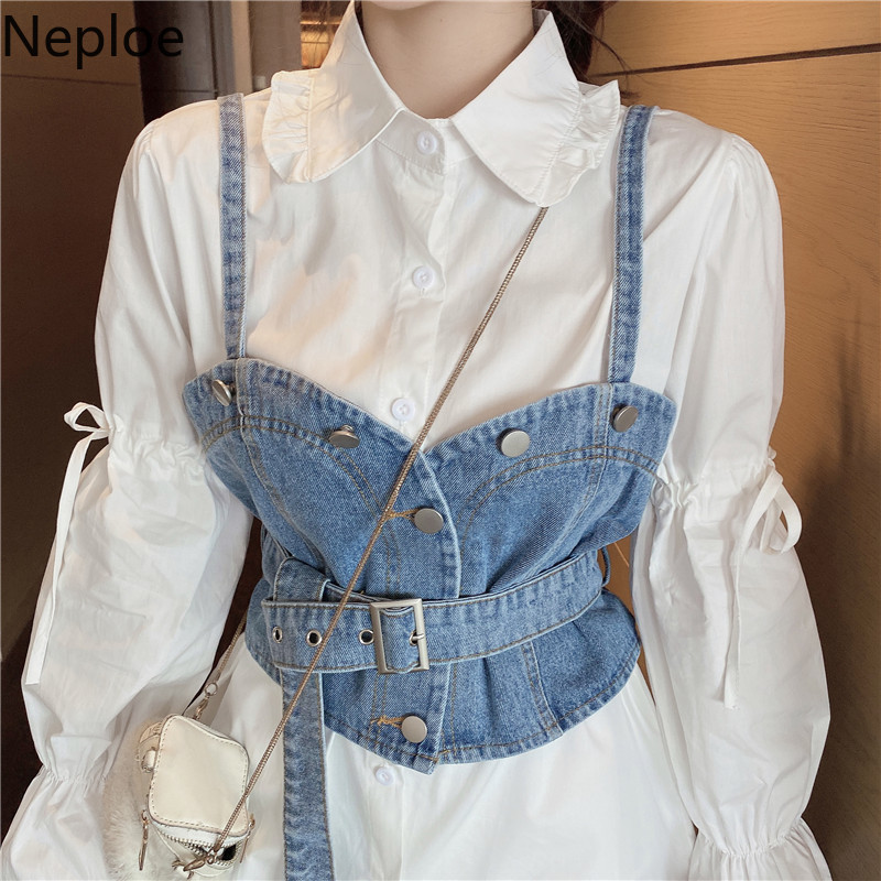 Neploe Korean Chic Suit Women 2 Piece Long Blouses Sets Puff Sleeve Turn-down Collar Tops Sashes Slim Cowboy Vest Two Piece Set 210422