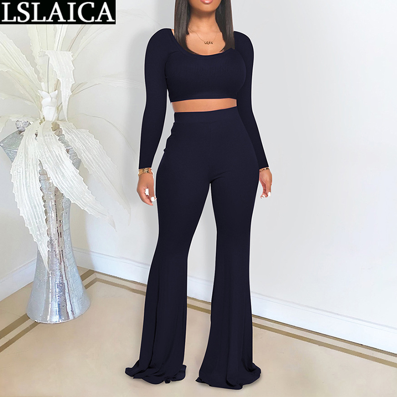 Outfits for Women Solid Exposed Navel Loungewear Slim Flared Pants Long Sleeve Arrival Casual O Neck Two Piece Set 210520