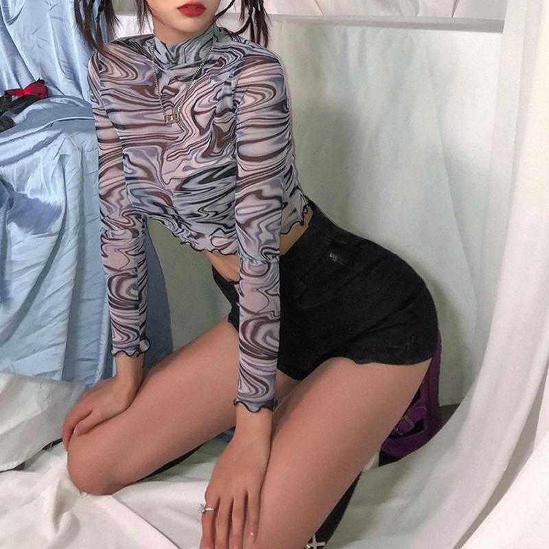 Yedinas Long Sleeve Crop Tops T Shirts Women Transparents Ruffles Hems Mesh Turtleneck Tshirt Y2k Aesthetic Top Streetwear 210527