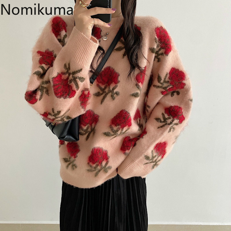 Nomikuma Korean Chic Vintage Floral Pullover Sweater Causal Long Sleeve O-neck Pull Femme New Women Knitted Jumper 6E220 210427