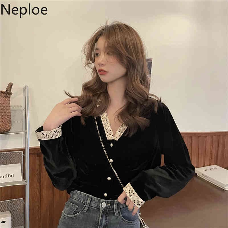 Neploe Women Blouse Lace Patchwork Velvet Shirt Spring V Neck Long Sleeve Vintage Korean Fashion Short Black Blusas Mujer 4H511 210422