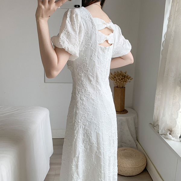 Elegant Sweet Retro Dress Women White Beading Square Collar Slim Waist Party for Females Korean Style Summer 210519