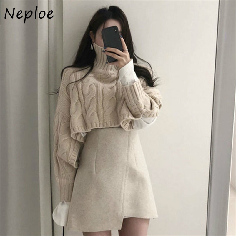 2 Piece Set Women Korean Turtleneck Long Sleeve Sweaters+Irregular High Waist Mini Skirts Autumn Fashion Suits 210422