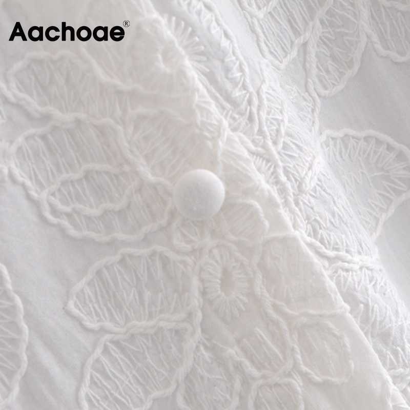 Aachoae Chic Floral Embroidery Midi Dress Women V Neck Puff Sleeve Sweet Dresses Ladies Elegant A Line White Cotton Dress 210630