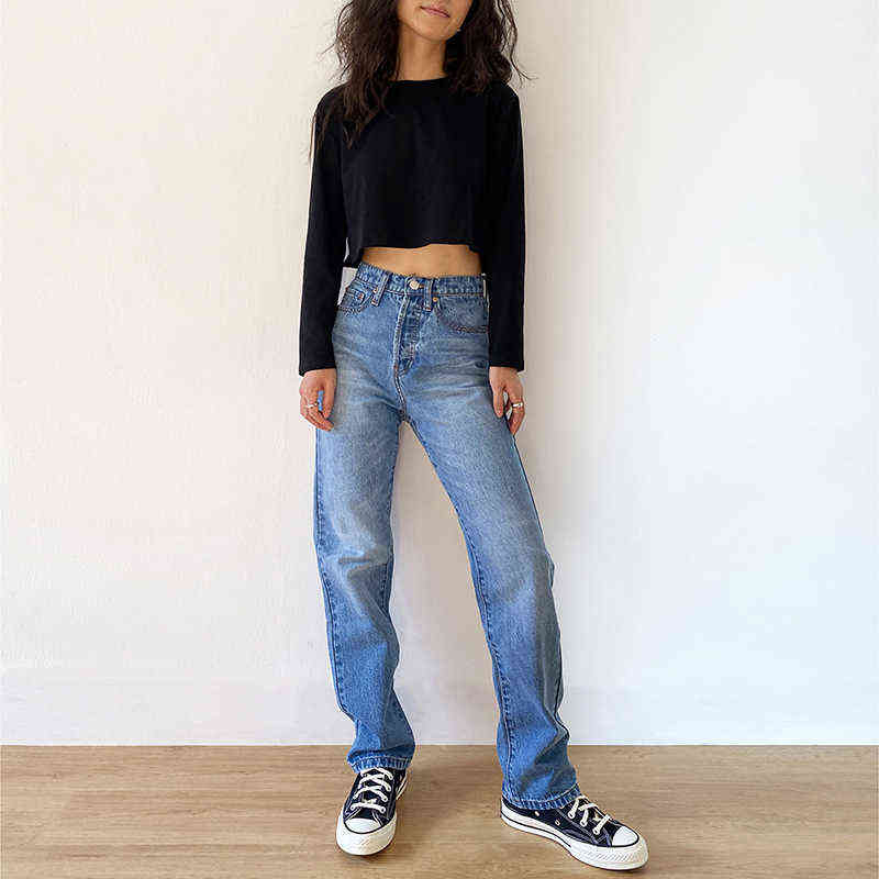 Women's Jeans Baggy Jeans For Women Mom Jeans High Waist Blue Loose Washed Fashion Straight Denim Pants Vintage Streetwear 211112