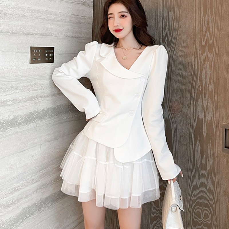 Spring Temperament Ladies Two pieces set Women Long sleeves Single Breasted Chic Shirt Top + High Waist Ball Gown Mini Skirt Sui 210519
