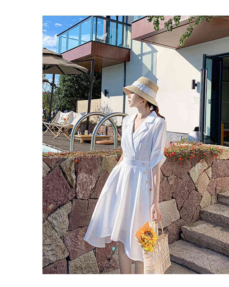 Spring Summer Women Dress White Notched Collar Half Sleeve Vestidos High Waist Knee-Length Chiffon Robe 210519