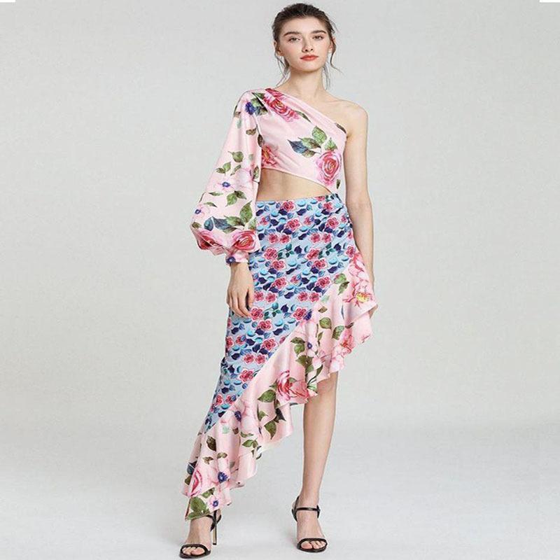 Women Sets Asymmetric Strapless Single Sleeve Crop Top With Irregular Skirt 2 Piece Two And 210524