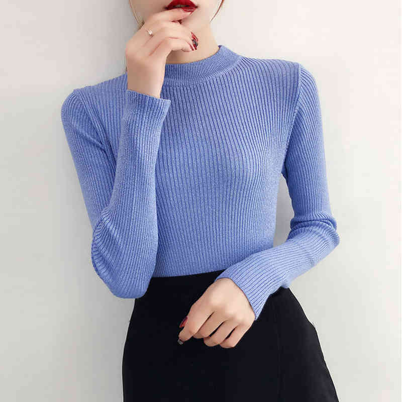 Spring Winter Long Sleeve Sweater Women Shiny Pullover Basic Femme Turtleneck Korean Style Knit Tops 5042 210510
