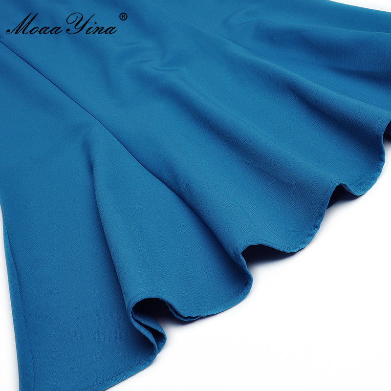 Summer Runway Fashion Party Mermaid Dresses Women Square collar Short sleeve Button Slim Blue/Red Midi Dress 210524