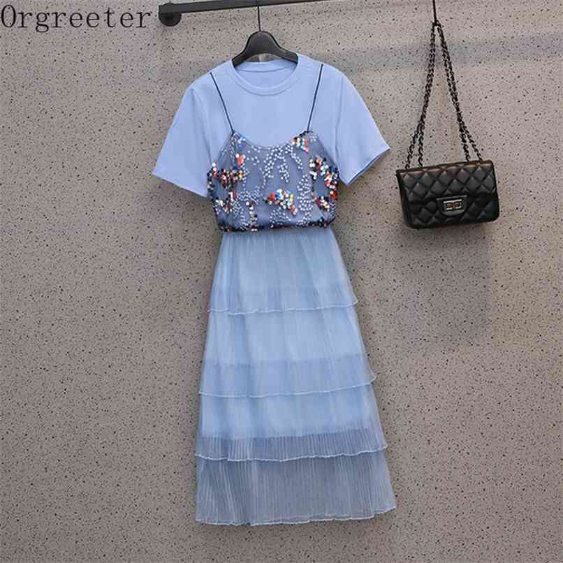 Plus Size Women's Outfits Summer Fashion Sequined Patchwork Mesh T-shirt & Layered ruffled Cake Skirt 2 Piece Sets Female 210602, Only tshirt
Plus Size Women's Outfits Summer Fashion Sequined Patchwork Mesh T-shirt & Layered ruffled Cake Skirt 2 Piece Sets Female 210602, Only tshirt