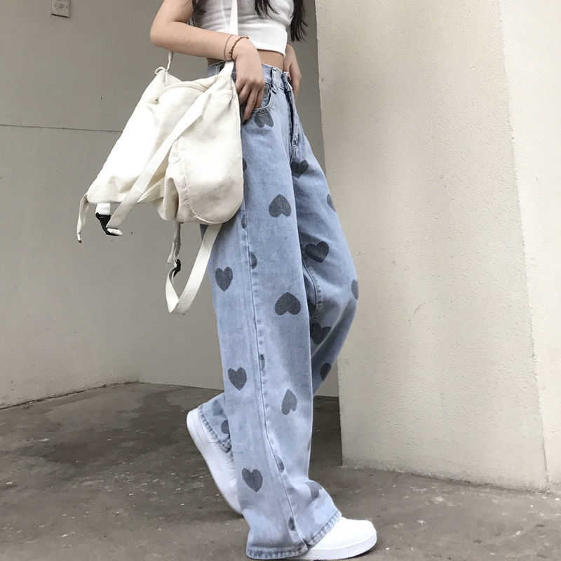 Heart Printing Jeans Women's Summer Fat Sister Large Size High Waist Loose Straight-Leg Wide-Leg Pants Fashion 210922