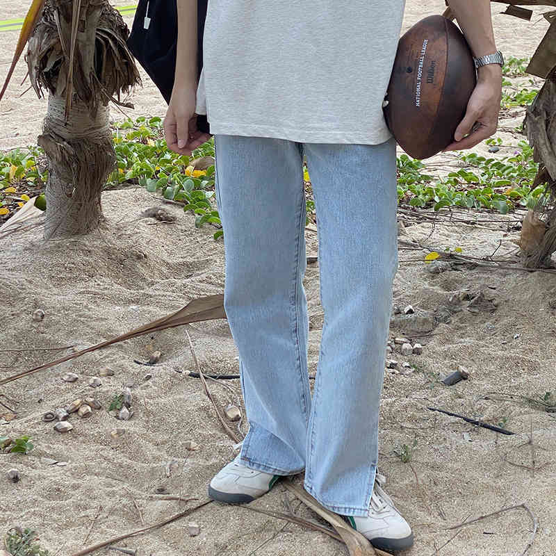 IEFB Summer Thin Split Bottom Blue Jeans Korean High Waist Slim Straight Leg Drop Feeling Floor Long Pants Denim 9Y7407 210524