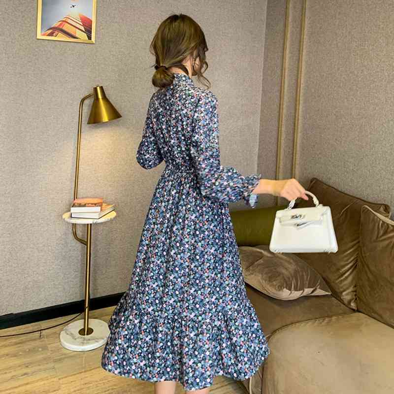 SHENGPLLAE Floral Dress Women's Spring V-neck Lace Up Waist Loose Long Sleeve Printed Knee-length Dresses Female 5A1080 210427