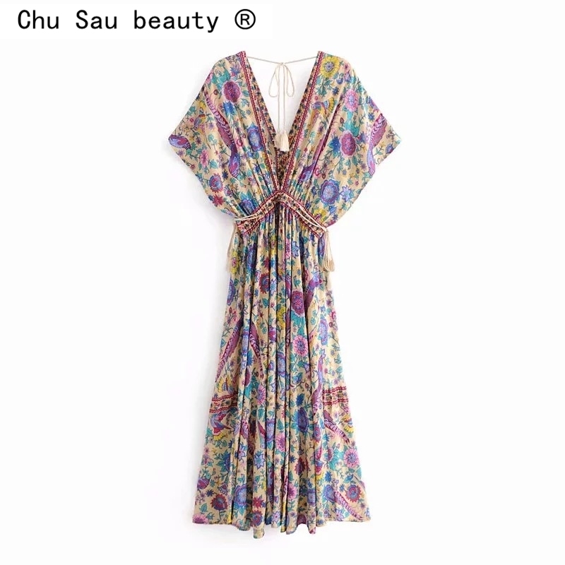 Fashion Boho Long Dress Folk Style Vintage Summer Cotton Print V-neck Bat Sleeve Drawstring Holiday Midi For Woman 210514