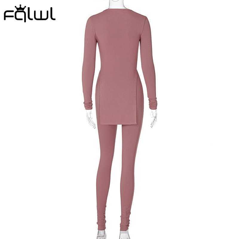 FQLWL Summer Streetwear Bodycon 2 Two Piece Sets Women Outfits Long Sleeve Side Slit O Neck Longer Top White Pants Matching Sets Y0625