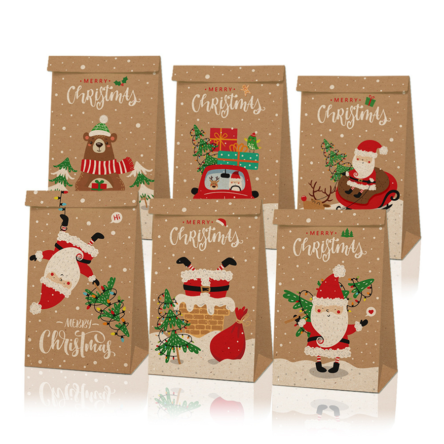 Christmas Bags Vintage Kraft Paper Apples Candy Case Party Gift Xmas Santa Snowman Hand Bag Wrapped Package Decorations GGE1879 Free shipping