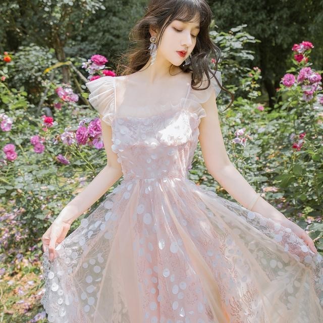 Elegant Women Sequins Square Collar Mesh Long Dress Vintage Summer French Ruffles Sleeveless High Waist Slim Fairy 210519