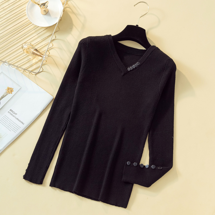 fashion women Shirt fall core yarn sweater pullovers office lady slim elegant Solid V-neck Button decoration sweater 7251 50 210518