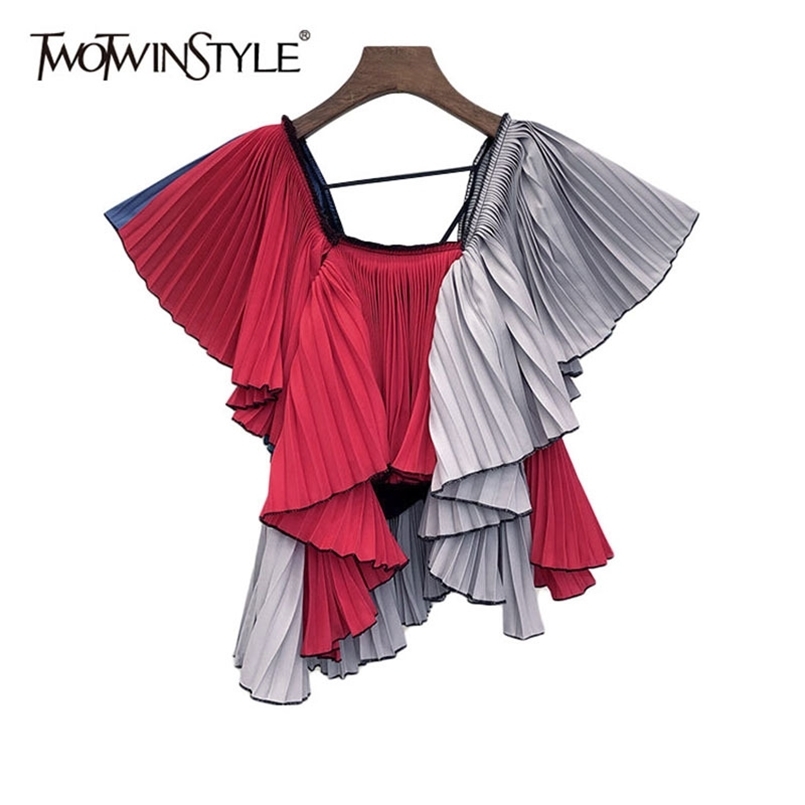 

Patchwork Ruffle Hit Color Shirt For Women Square Collar Short Sleeve Casual Blouse Female Fashion 210524, Gray