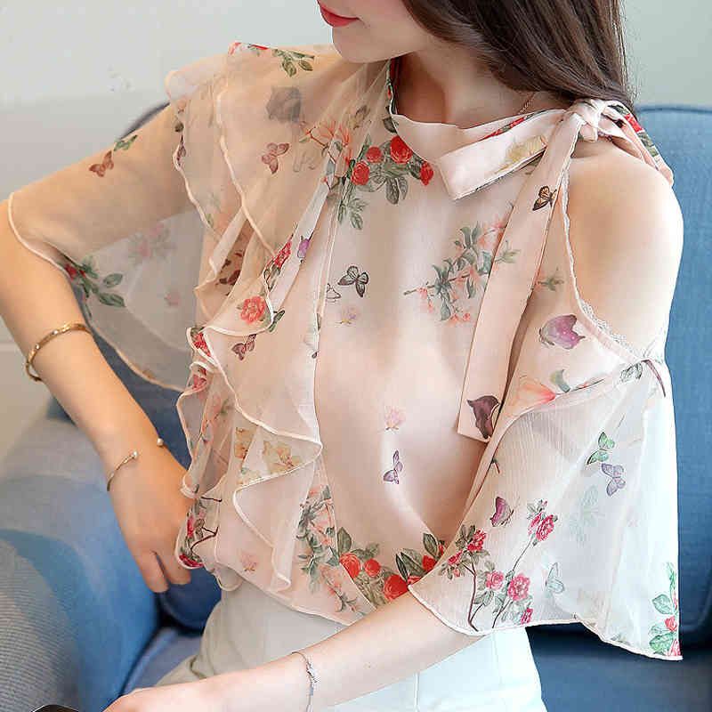 fashion women tops and blouses print pink chiffon blouse shirt summer shirts s clothing blusas femininas 1887 50 210506