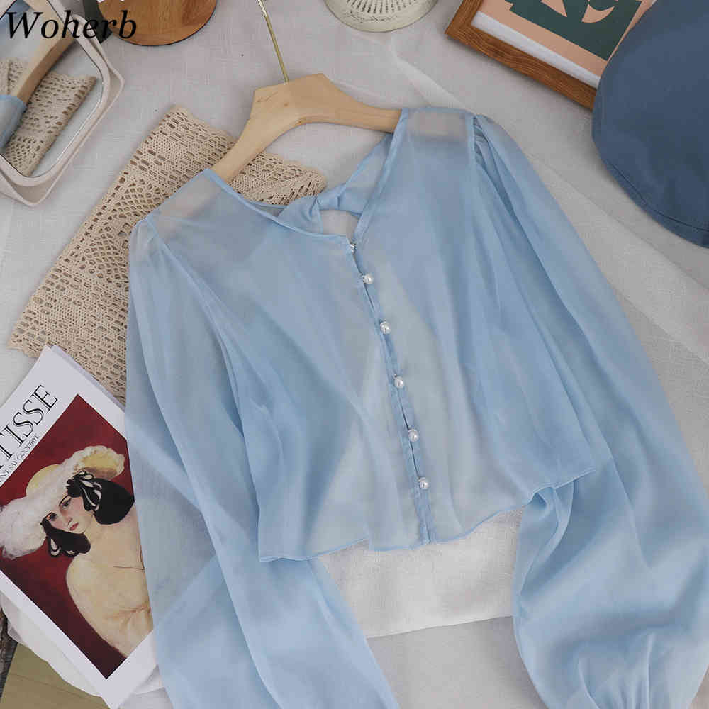 Korean Crop Tops Women Thin See Through Sunscreen Shirts Cardigan Hollow Out Backless Blusas Long Sleeve Chic Blouses 210519