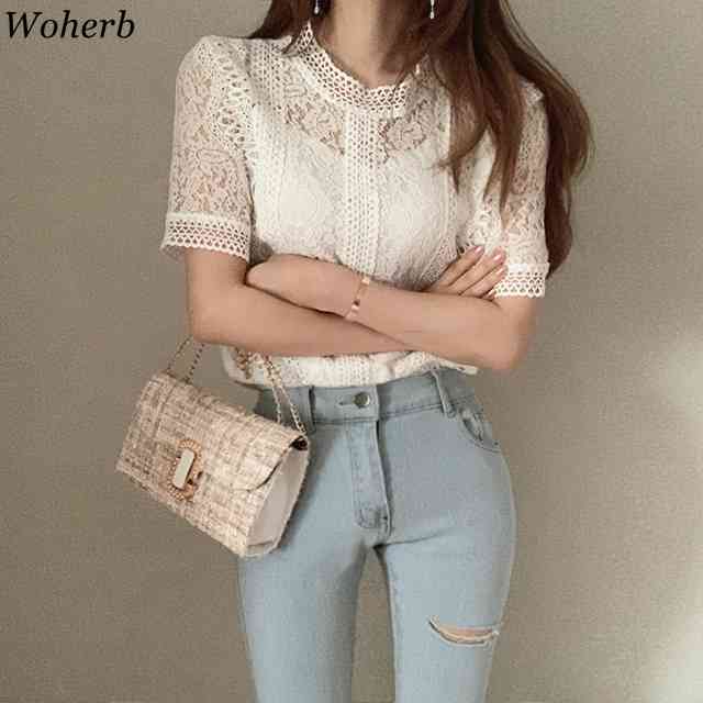 Plus Size Short Sleeve Shirts Hollow Out Korean Fashion Blouse Summer Elegant Lace Tops Women Blusas Mujer Elegante 210519