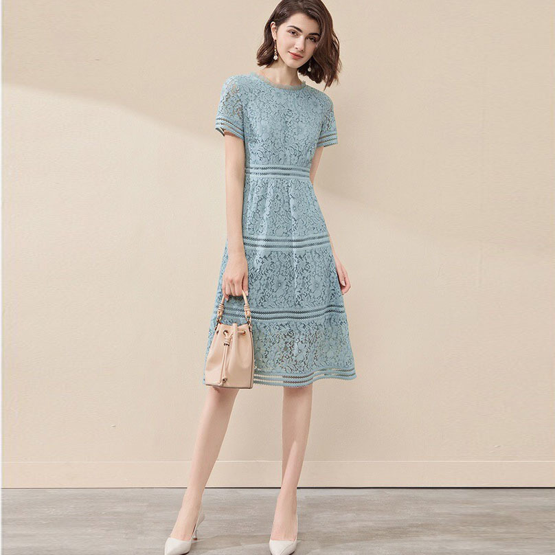 lace elegant blue office lady spring summer fashion midi dresses for women casual daily wear de ropa mujer chic 210421