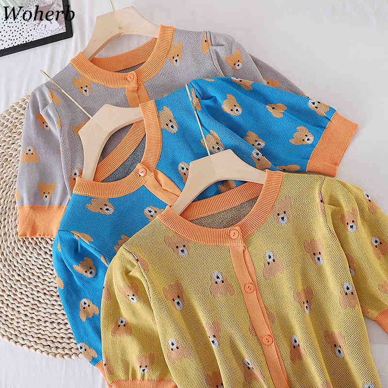 Short-sleeve Cardigan Jacket Womens Summer Sweet Knitted Thin O Neck Sweater Korean Vintage Slim Fit Knitwear Tops 210519