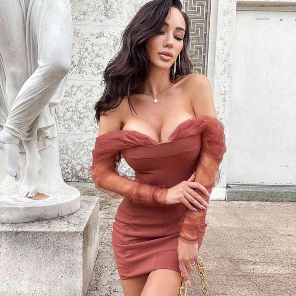 Winter Women Fashion Off Shoulder Lace Long Sleeve Mini Dress Sexy Mesh Club Celebrity Evening Runway Party 210423