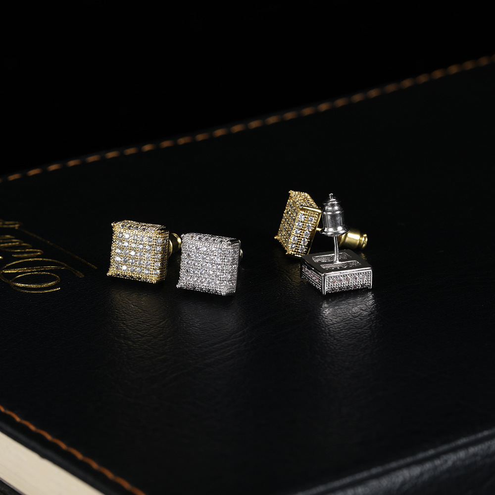Hip Hop Square Stud Earring Bling 18K Real Gold Plated Prevent Allergy Earrings for Men Women Gift