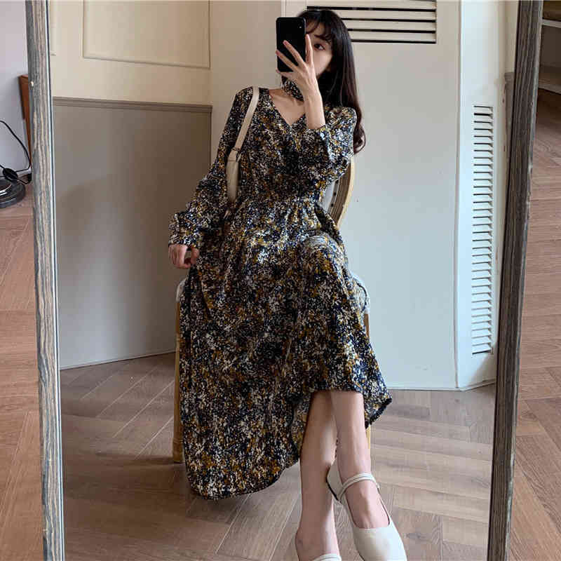 French V-neck Floral Long Dress Vintage es Women Marble and Leaf Print Autumn Winter Elegant es 13079 210506