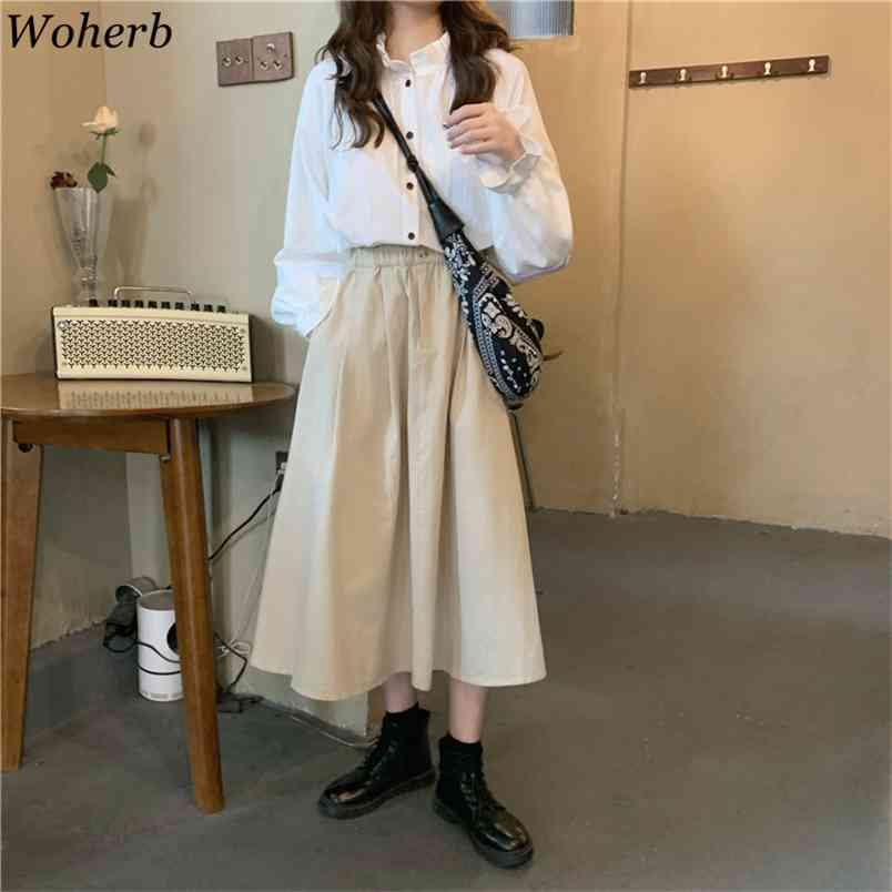 Casual Two Peices Set Elegant White Ruffle Blouse + High Waist Midi Skirts Japanese Style Women All Match Outfits 210519