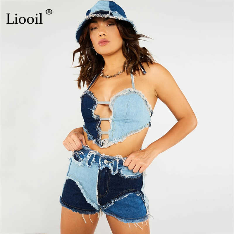 Liooil Patchwork Cotton Tassel Sexy Denim Shorts Women Mid Waist Summer Streetwear Pockets Color Block Skinny Jean 210714