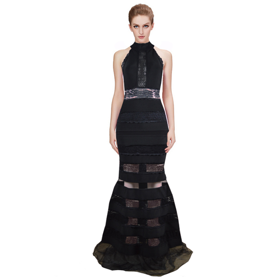 Summer Women Black Halter Mermaid Bandage Maxi Dress Sexy Lace Sleeveless Club Celebrity Evening Party Long 210423