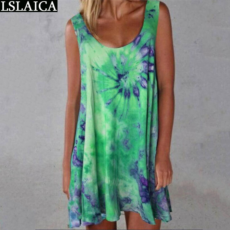 Plus Size Fashion Summer Dress Sleeveless Round Neck Women's Casual Tie-Dye Print Beach Style Ropa Mujer Verano 210515