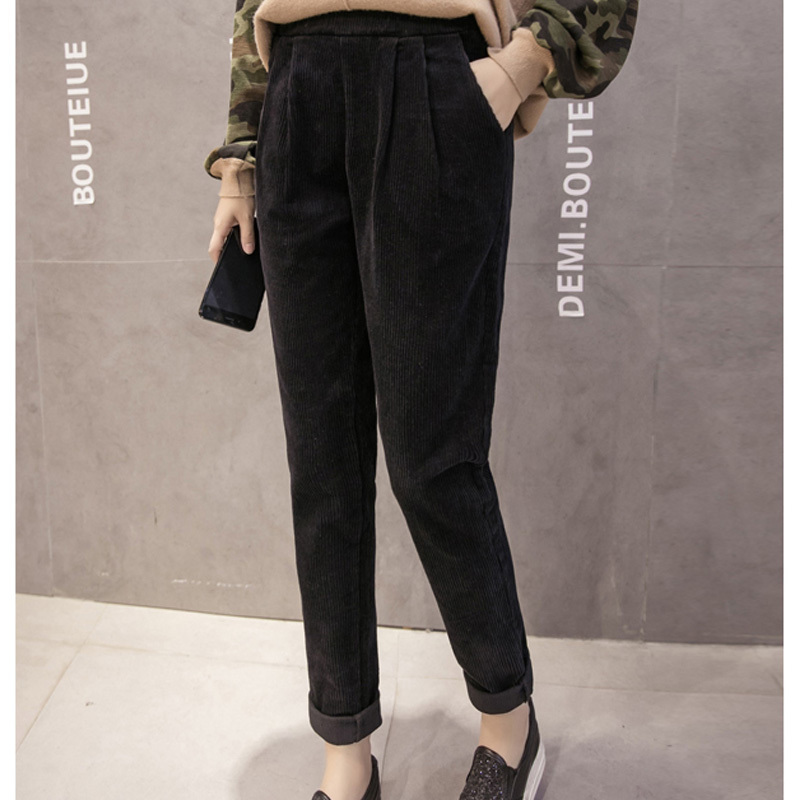 Casual Black Pink Trousers Plus Size Pants Women Corduroy Autumn Winter Korean Elastic Waist Harem 7287 50 210506