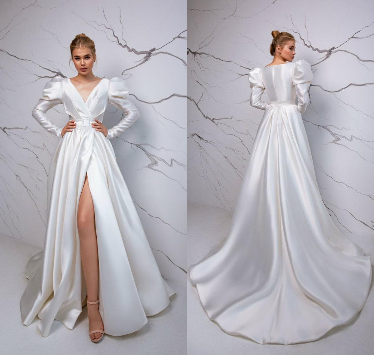 Vintage Matte Stain Wedding Dresses 2021 Ruffles Long Sleeve Front Split Sweep Train Country Boho Bridal Gowns Vestidos De Novia