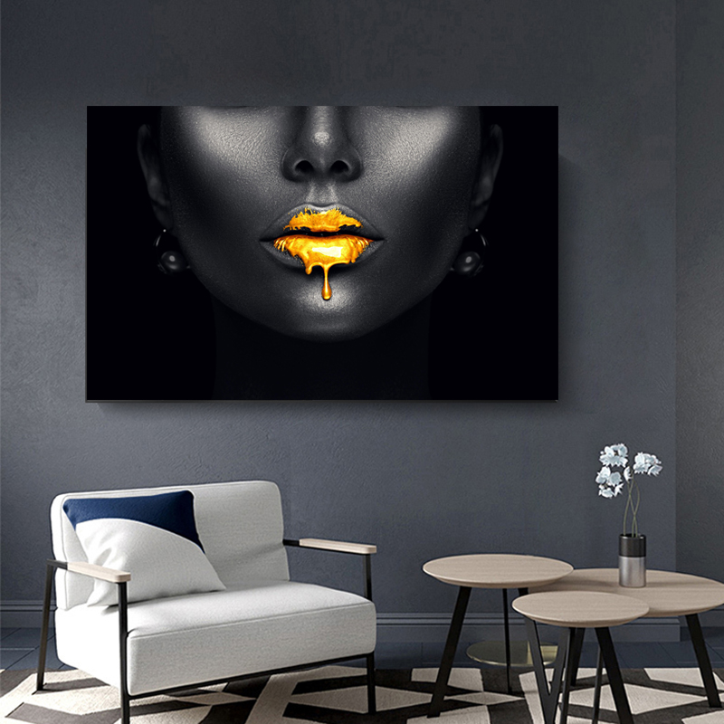 Gold Lips African Black Woman Canvas Paintings on The Wall Art Posters and Prints Black Face Pictures for Living Room