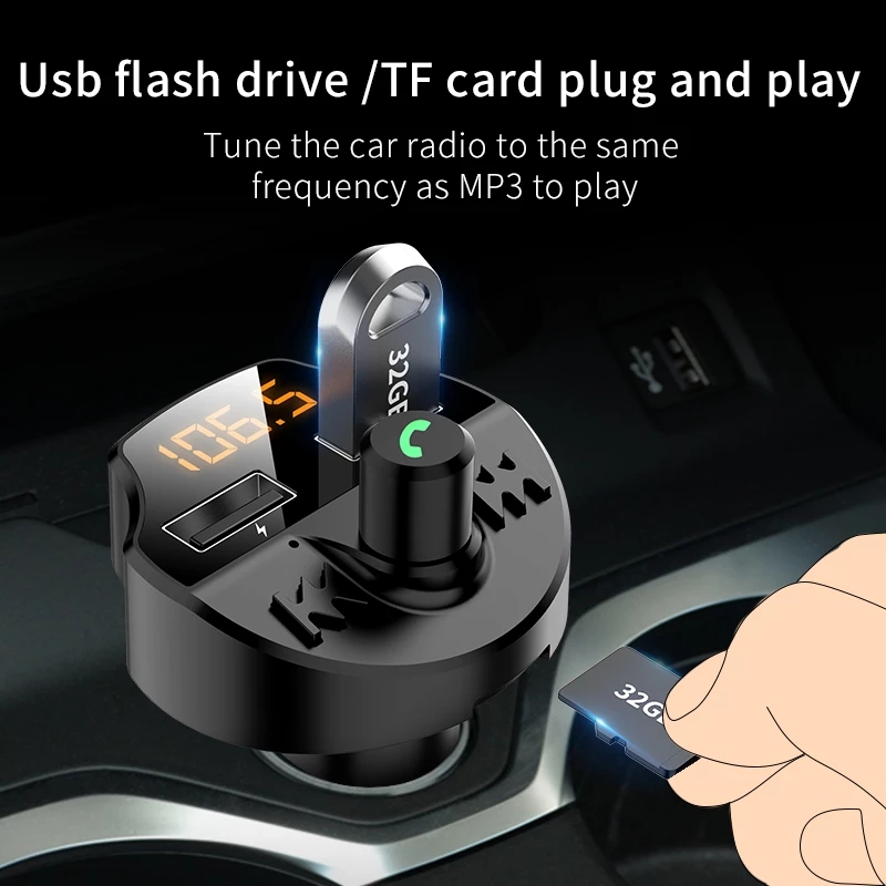 Car Adapter USB Charger Bluetooth Kit Wireless FM Transmitter MP3 Music Player Multifunction Mobile Phone Quick Charge Handsfree Calling Support TF Ca