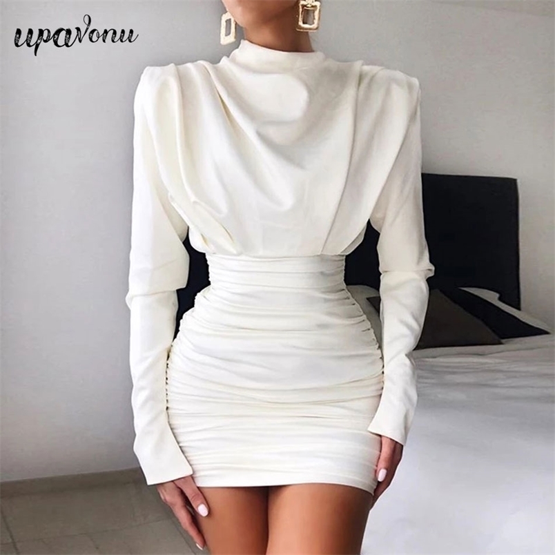 Free White Long Sleeve Sexy Satin Mini Dress O-Neck Zipper Boycon Solid Pleated Celebrity Christmas Party Vestido 210524