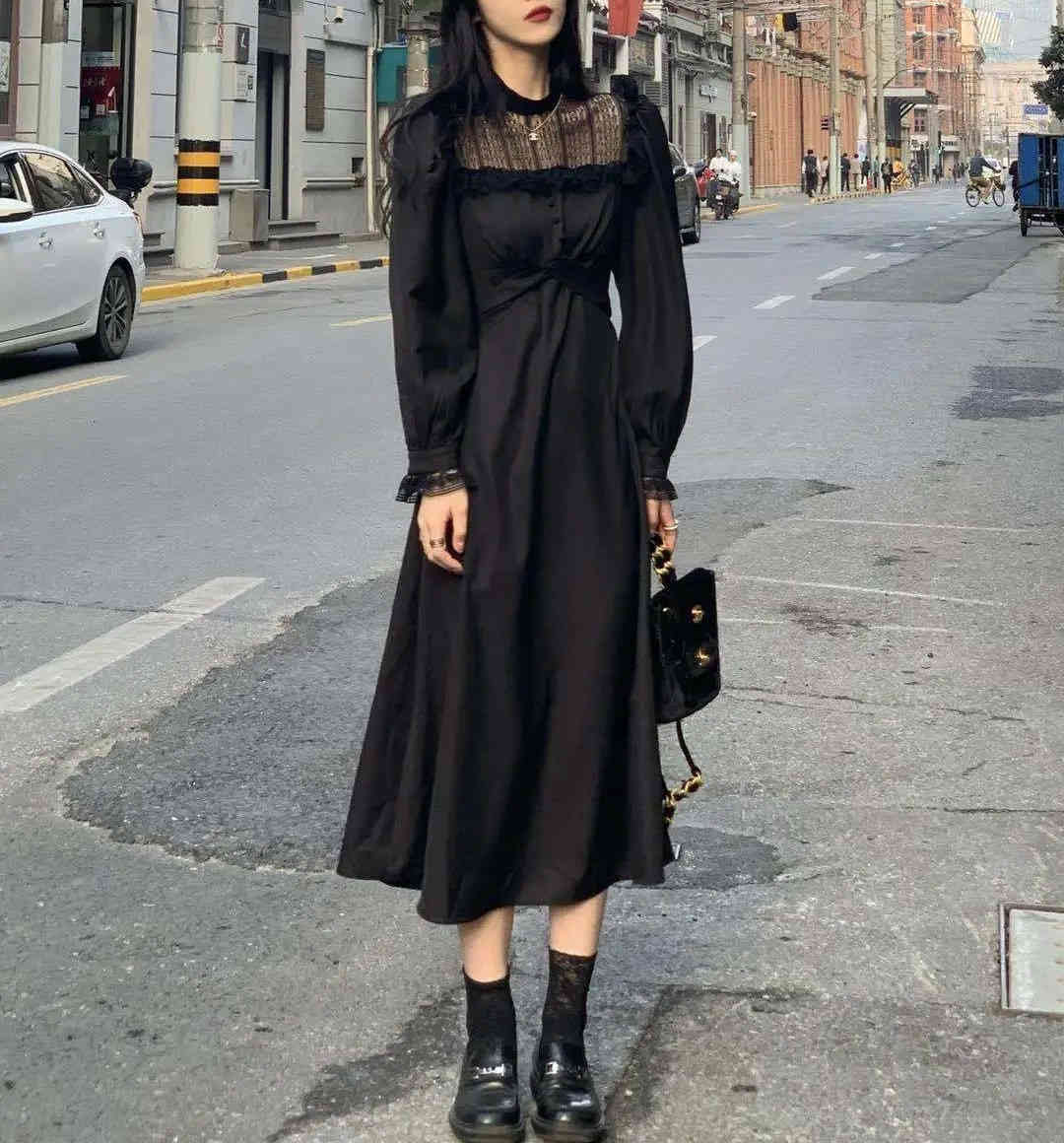 Gothic Black Dress Women Spring Casual Lace Long Sleeve Dress Korean Evening Party Elegant Midi Dress Female 210521
