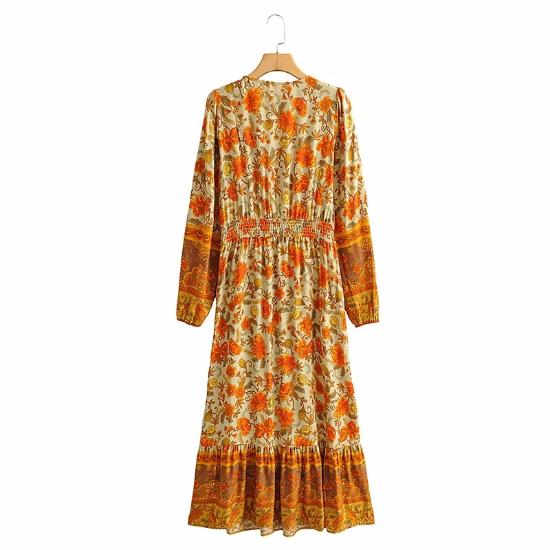 Casual Woman Yellow V Neck National Style Print Long Dress Spring Fashion Ladies Puff Sleeve es Female Chic 210515