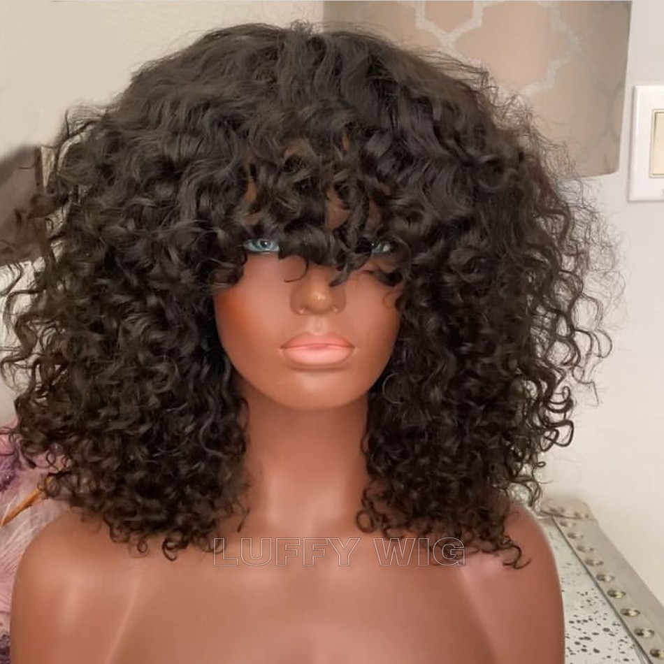 Short Kinky Curly Bob Lace Front Human Hair Wig For Women Glueless 13x4 Synthetic Frontal Closure Wigs With Bangs