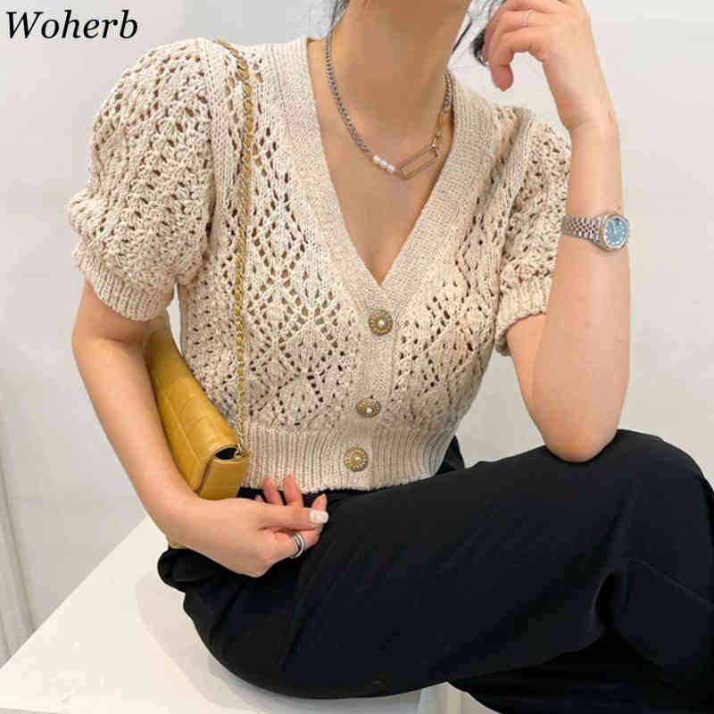 Chic Casual Retro V Neck Short Puff Sleeve Cropped Cardigan Women Hollow Coat Slim Knitted Sweater Tops Pull Femme 210519